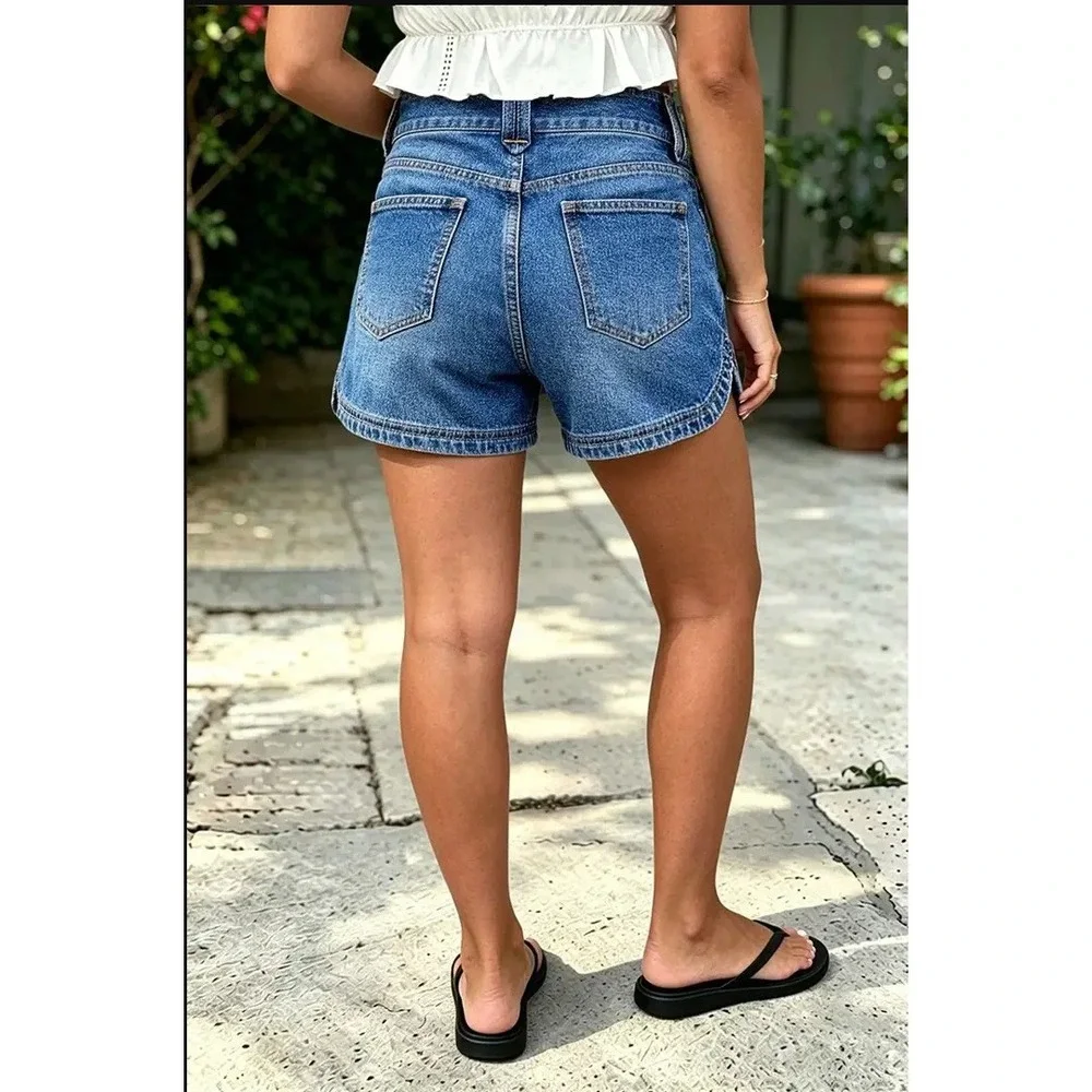Flamingals Wash Split Studded Mid Waist Denim Shorts Blue XS 273132 XC